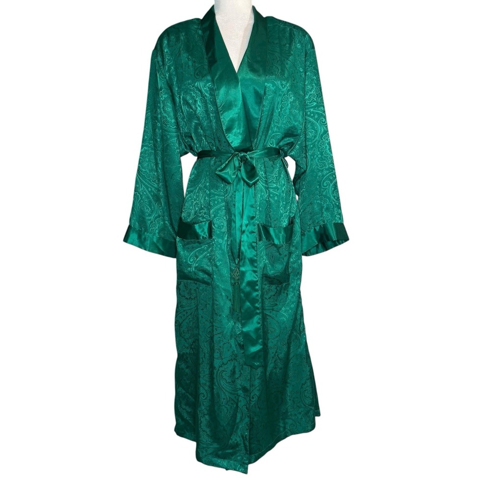Vintage 80s Victorias Secret Robe L Gold Label Satin Long Emerald Hong Kong